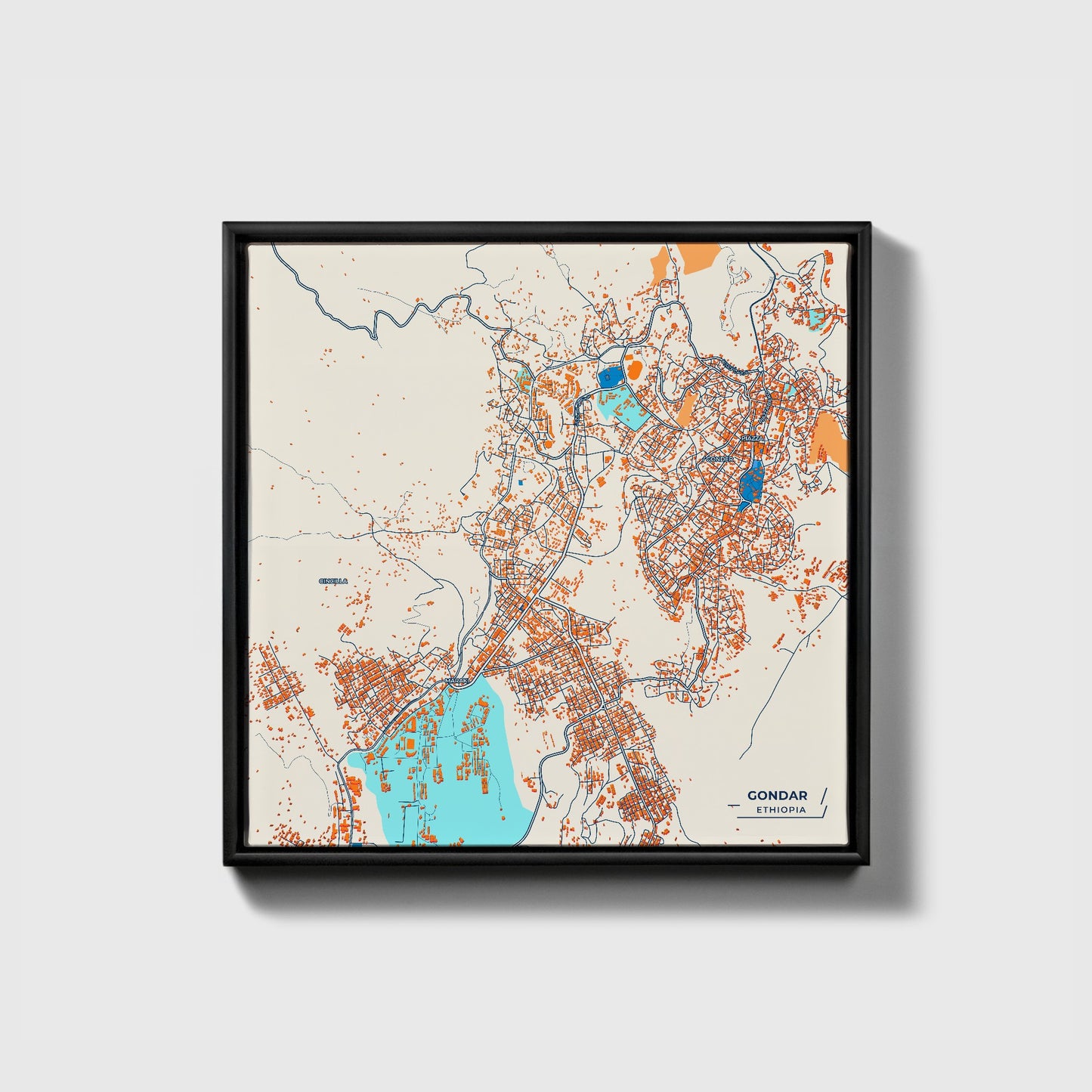 Gondar Ethiopia Colorful City Map Canvas Print • Black Framed