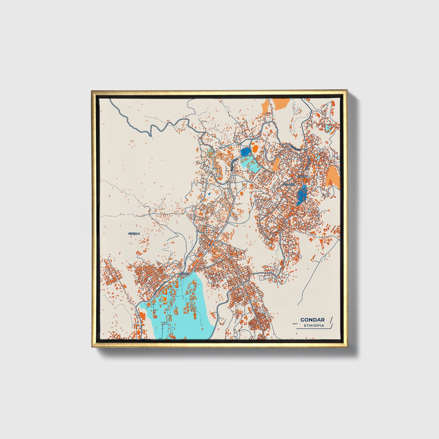Gondar Ethiopia Colorful City Map Canvas Print • Gold Framed