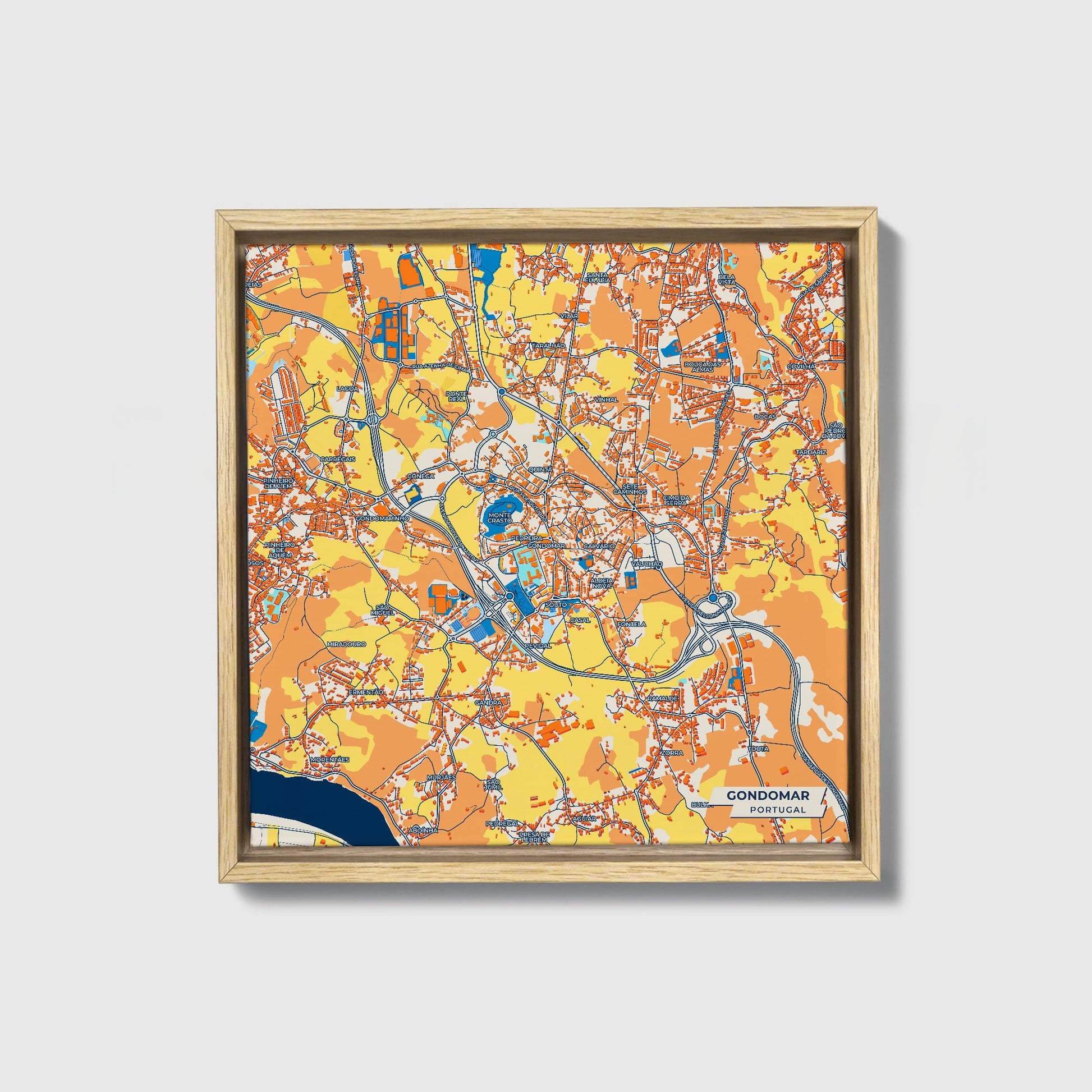 Gondomar Portugal Colorful City Map Canvas Print • Natural Wooden Framed