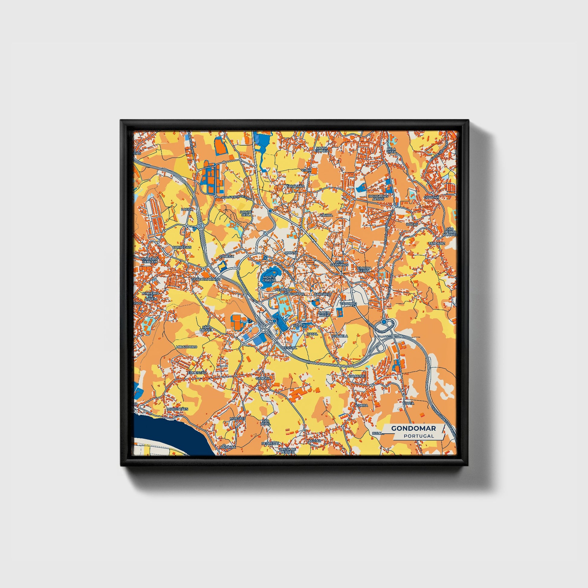 Gondomar Portugal Colorful City Map Canvas Print • Black Framed