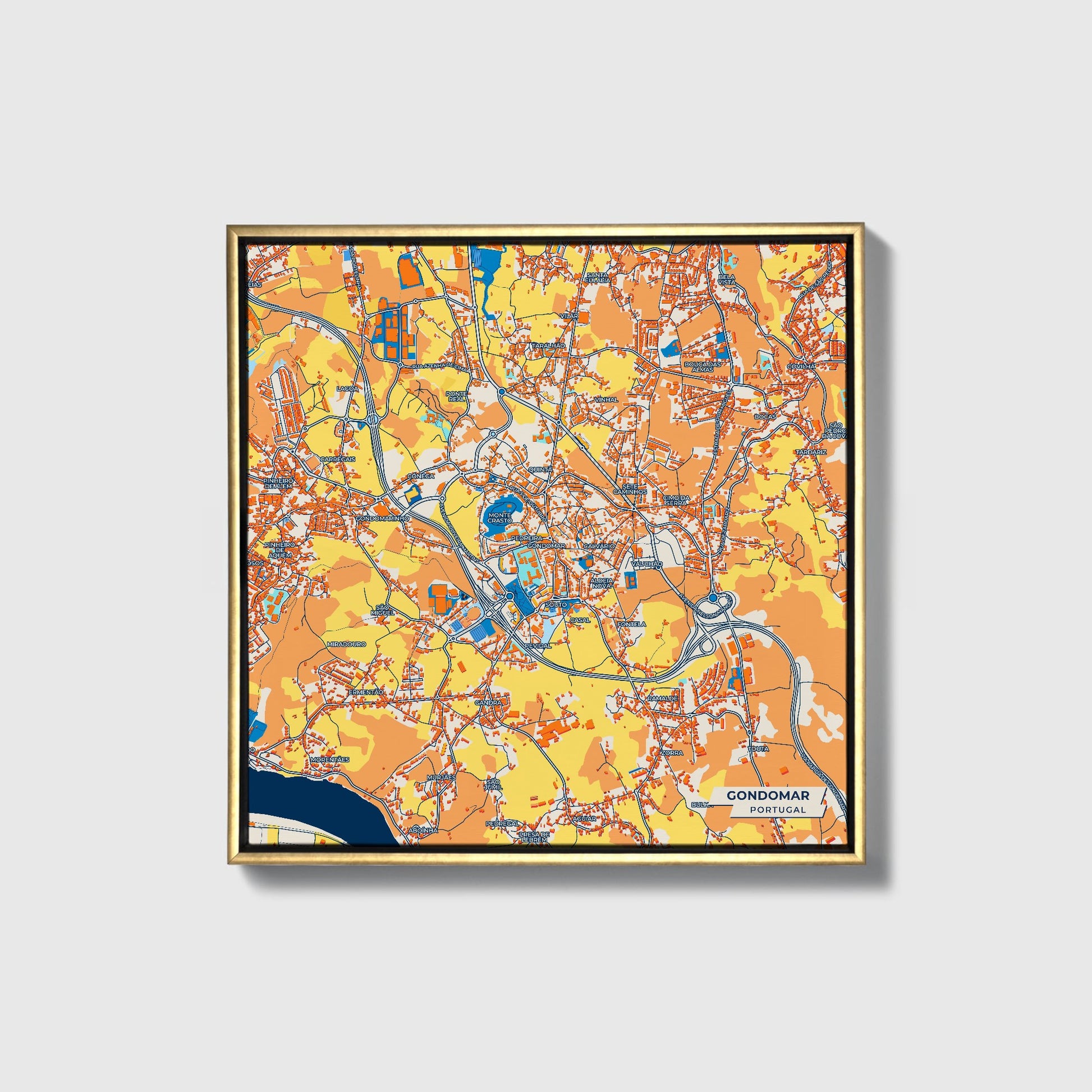 Gondomar Portugal Colorful City Map Canvas Print • Gold Framed