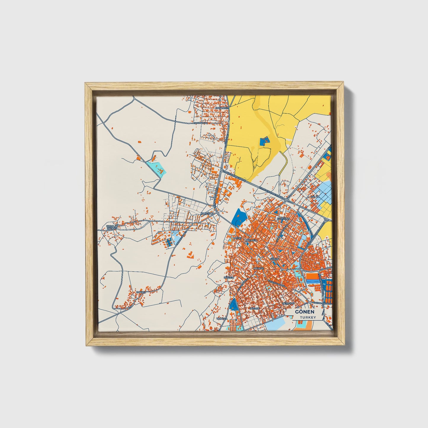 Gönen Turkey Colorful City Map Canvas Print • Natural Wooden Framed