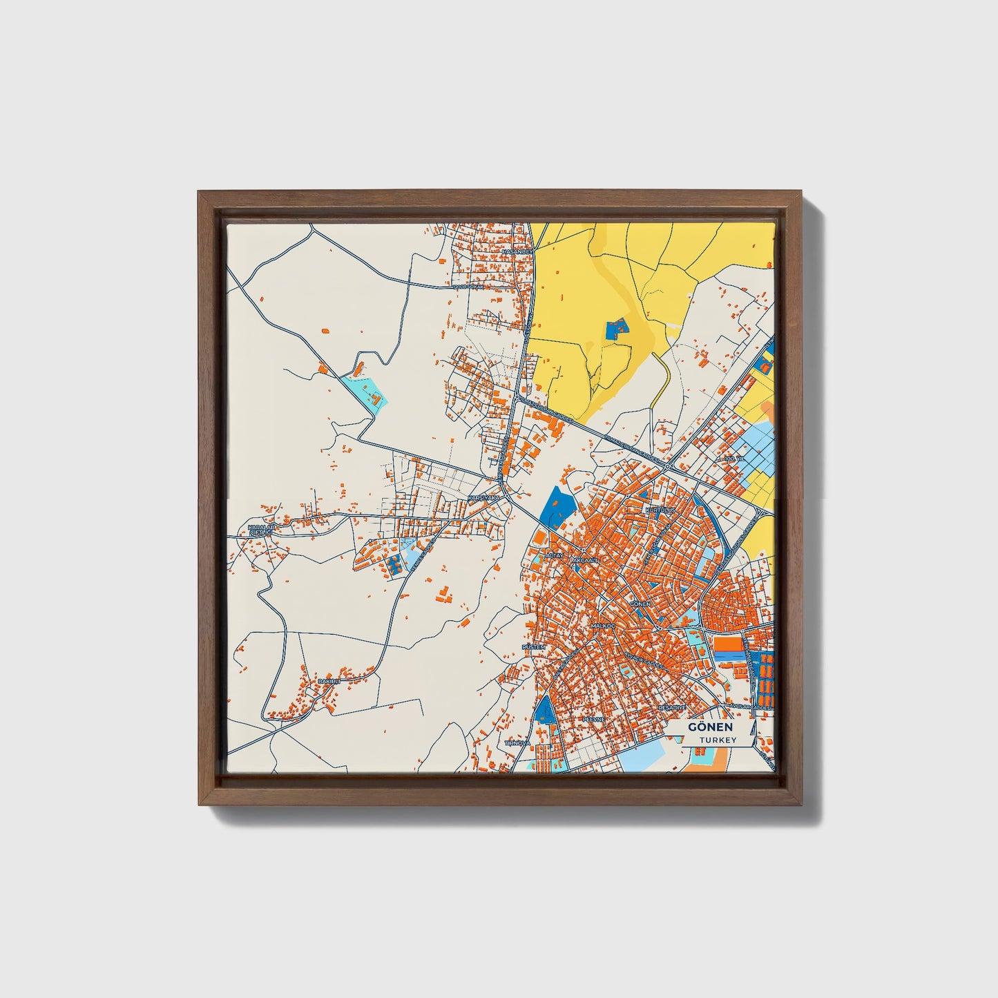 Gönen Turkey Colorful City Map Canvas Print • Dark Wooden Framed