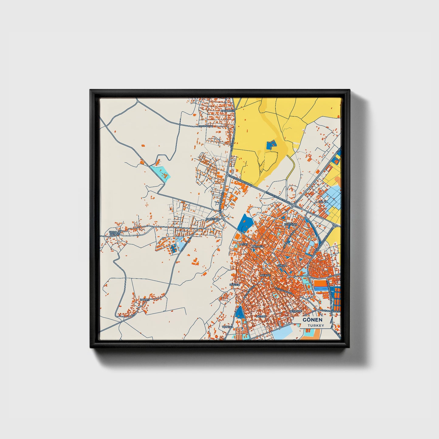 Gönen Turkey Colorful City Map Canvas Print • Black Framed
