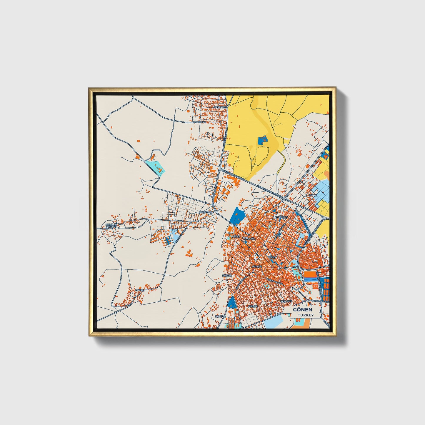 Gönen Turkey Colorful City Map Canvas Print • Gold Framed
