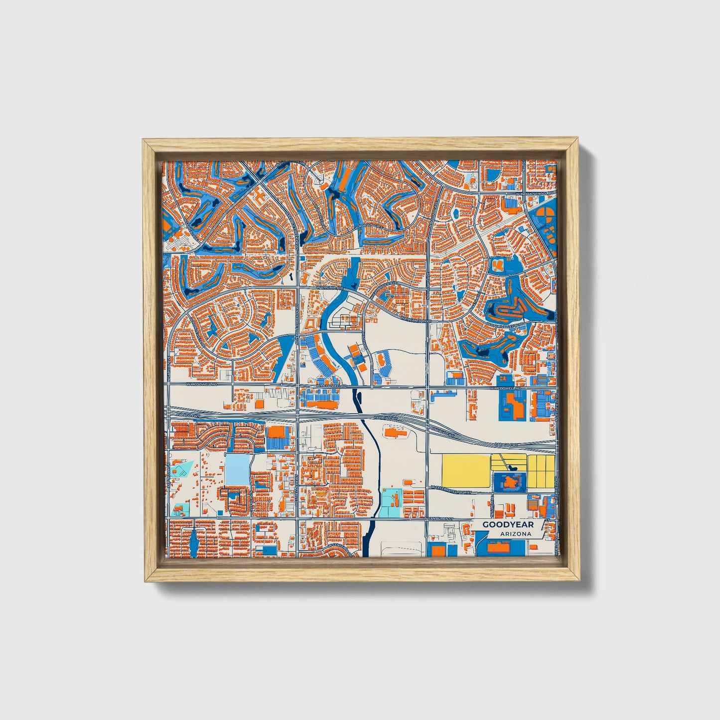 Goodyear Arizona Colorful City Map Canvas Print • Natural Wooden Framed