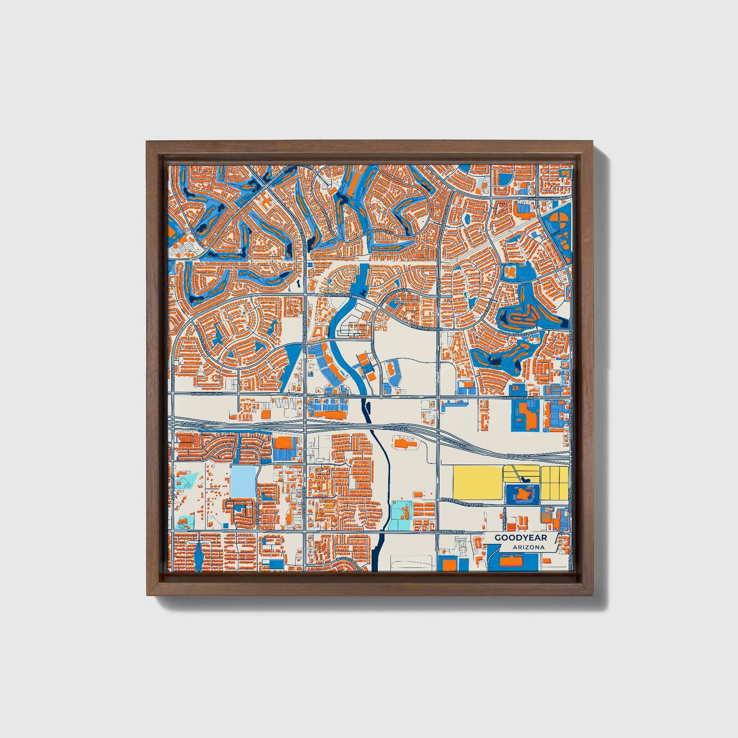 Goodyear Arizona Colorful City Map Canvas Print • Dark Wooden Framed