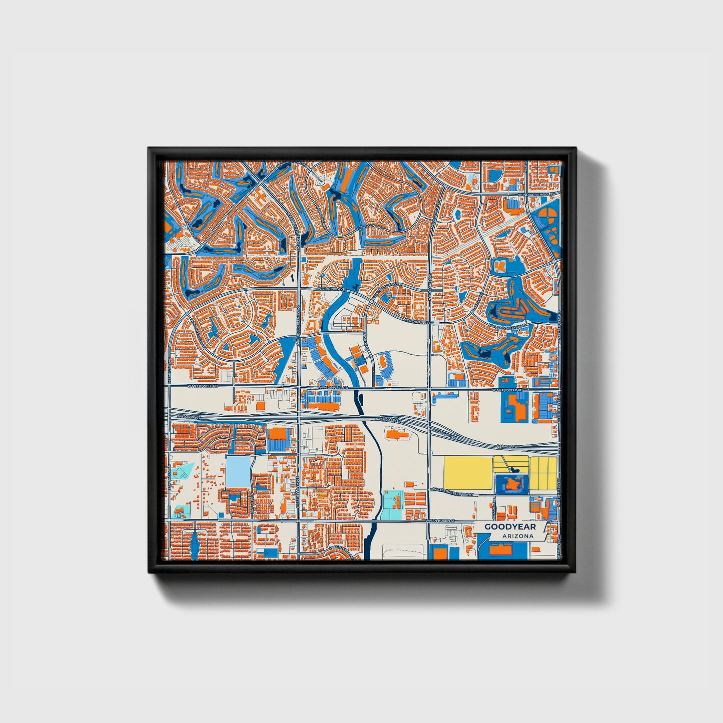 Goodyear Arizona Colorful City Map Canvas Print • Black Framed
