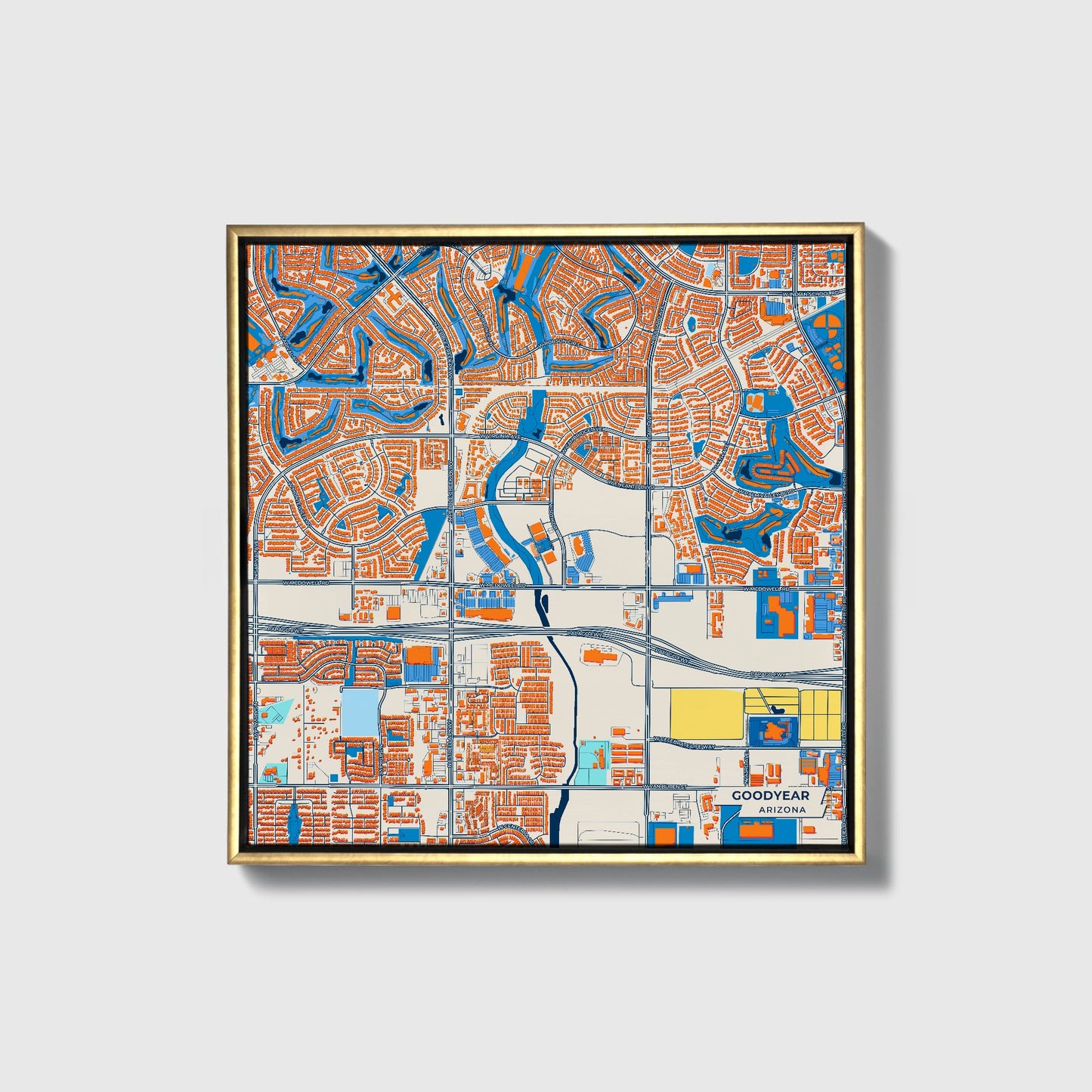Goodyear Arizona Colorful City Map Canvas Print • Gold Framed