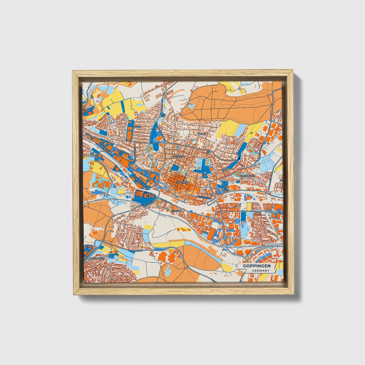Göppingen Germany Colorful City Map Canvas Print • Natural Wooden Framed