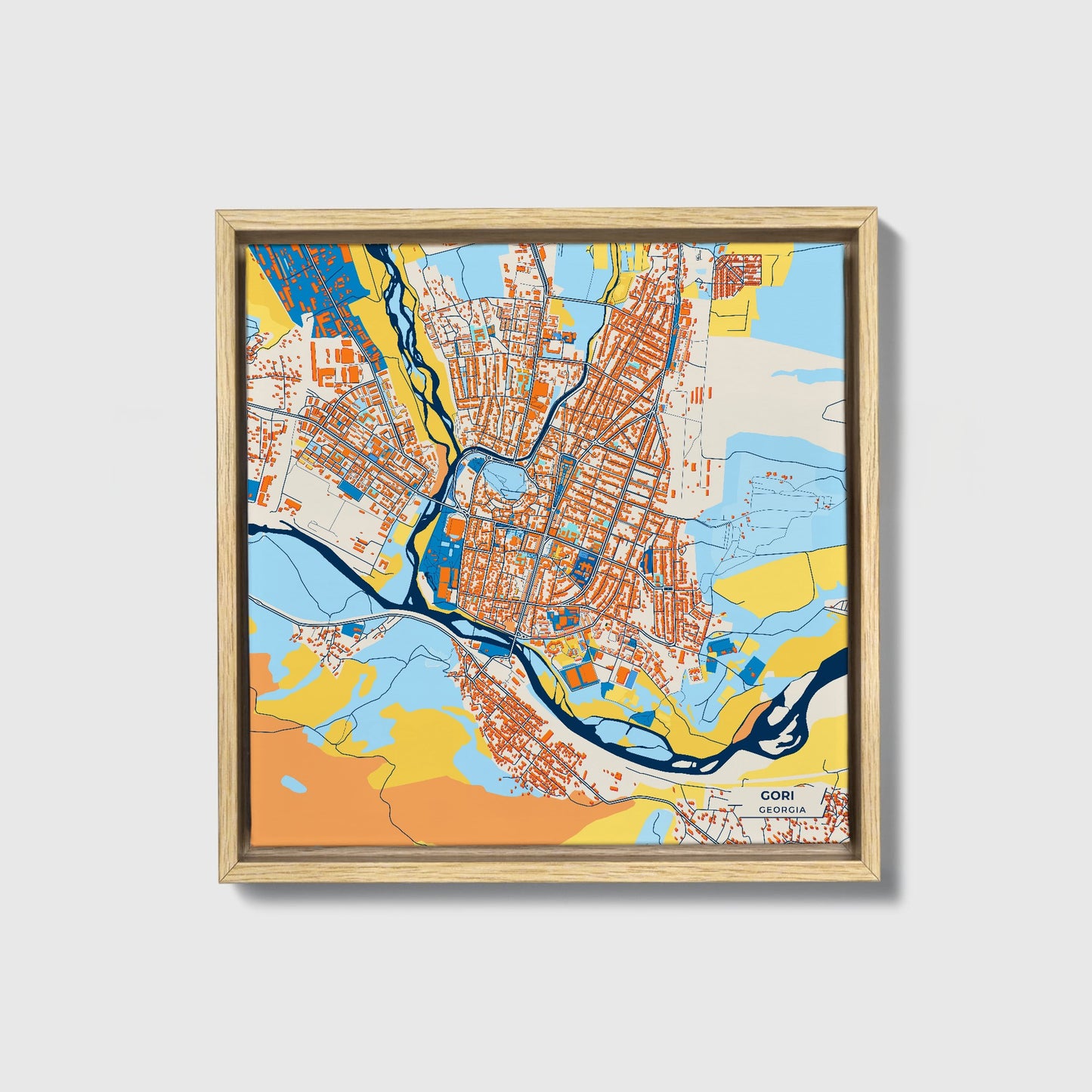 Gori Georgia Colorful City Map Canvas Print • Natural Wooden Framed