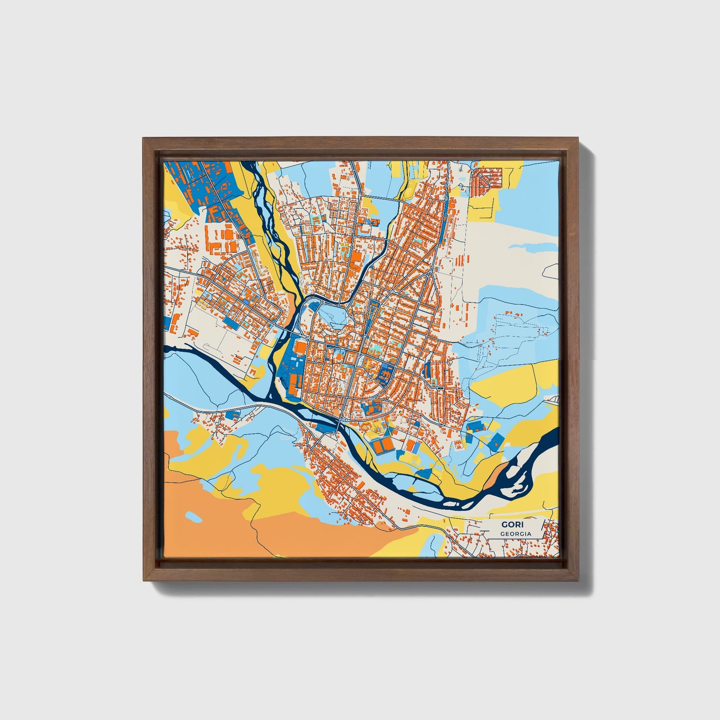 Gori Georgia Colorful City Map Canvas Print • Dark Wooden Framed