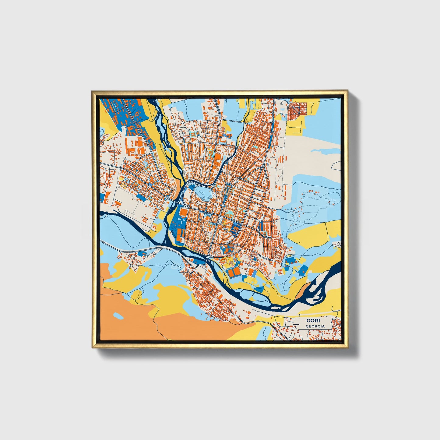 Gori Georgia Colorful City Map Canvas Print • Gold Framed