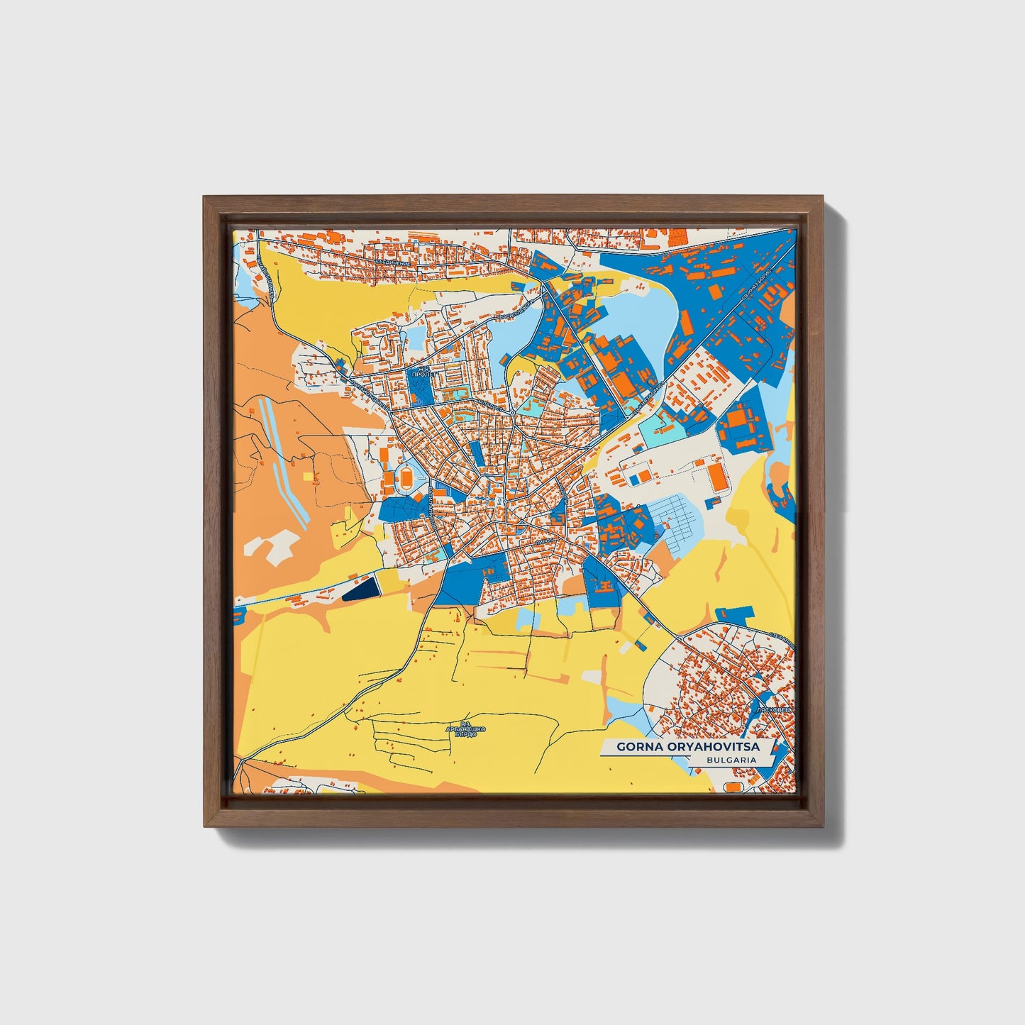 Горна Оряховица Bulgaria Colorful City Map Canvas Print • Dark Wooden Framed