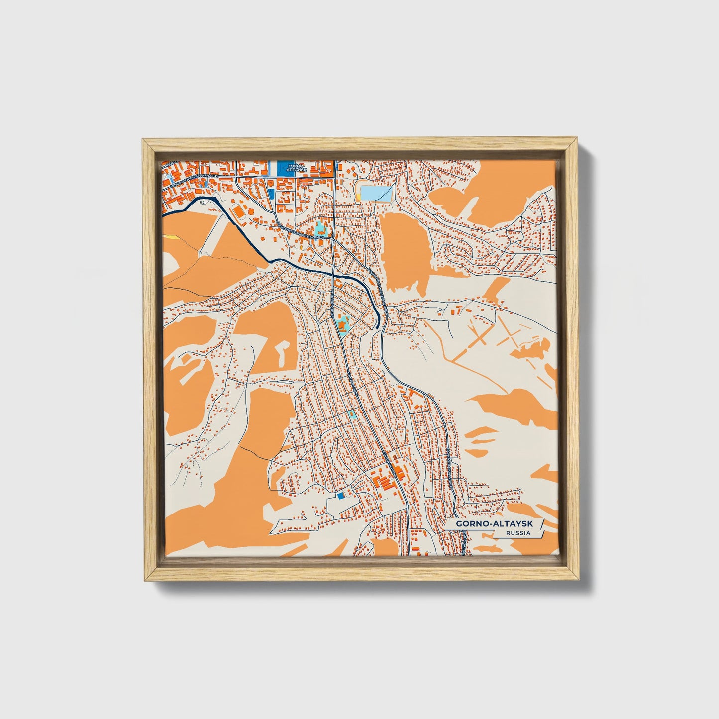 Горно-Алтайск Russia Colorful City Map Canvas Print • Natural Wooden Framed