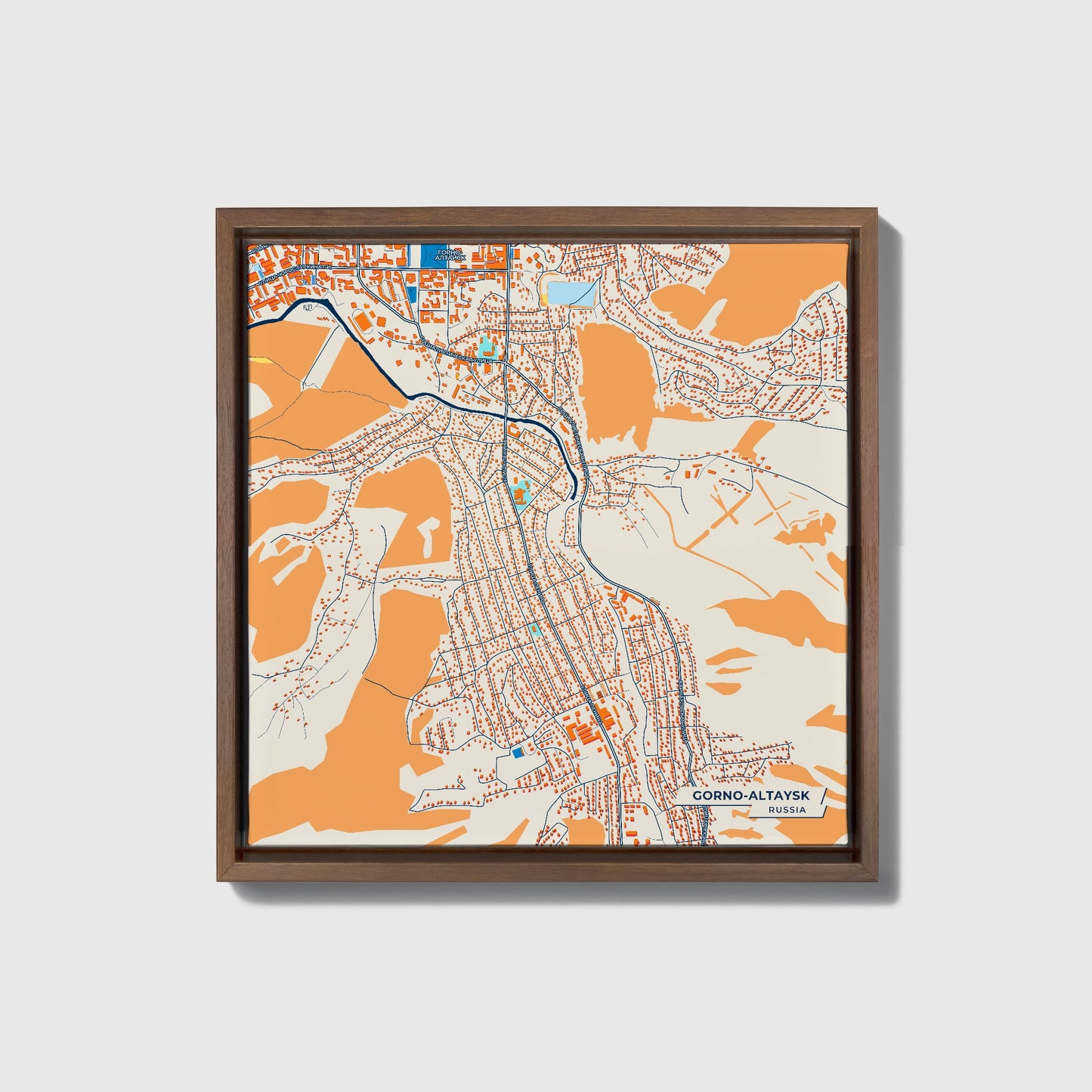 Горно-Алтайск Russia Colorful City Map Canvas Print • Dark Wooden Framed