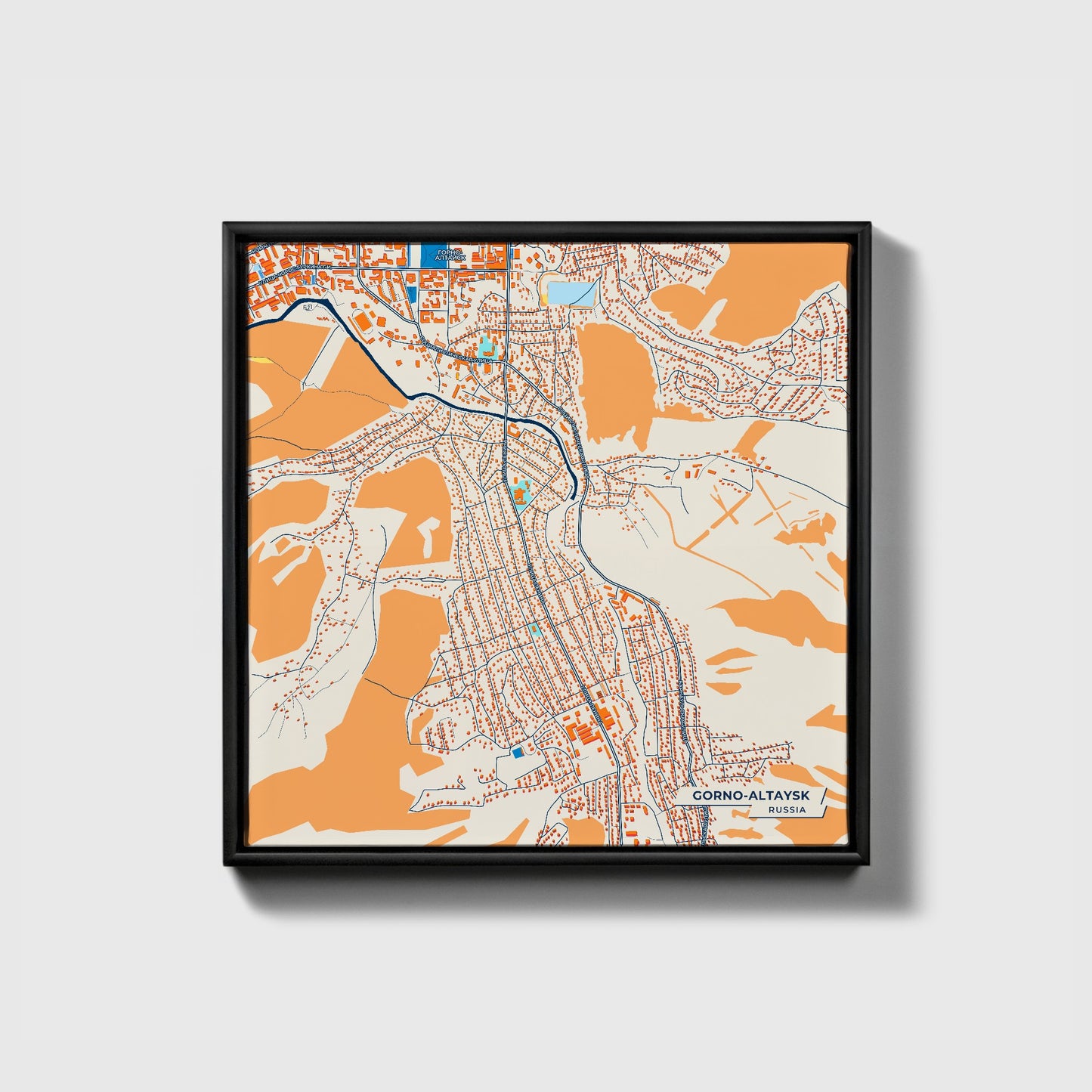 Горно-Алтайск Russia Colorful City Map Canvas Print • Black Framed