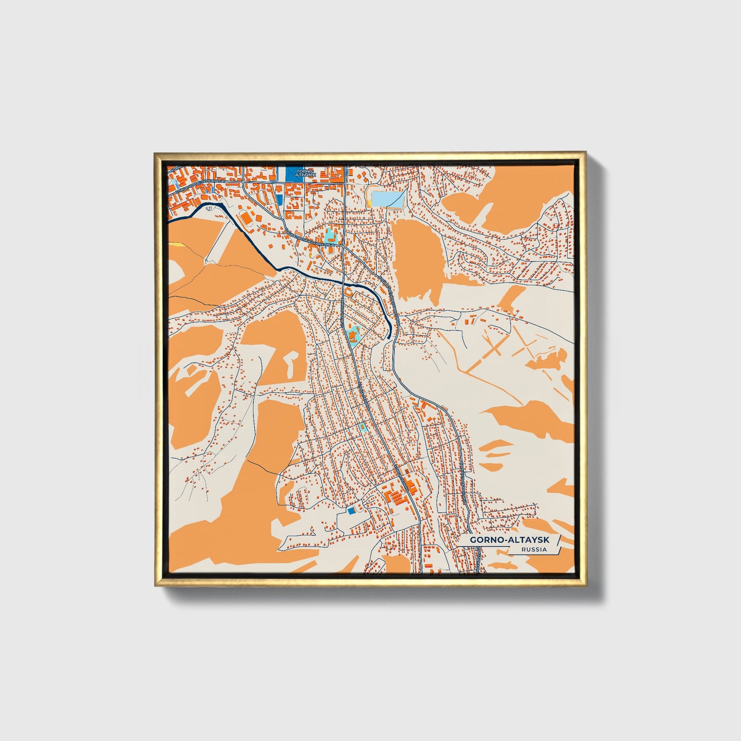 Горно-Алтайск Russia Colorful City Map Canvas Print • Gold Framed
