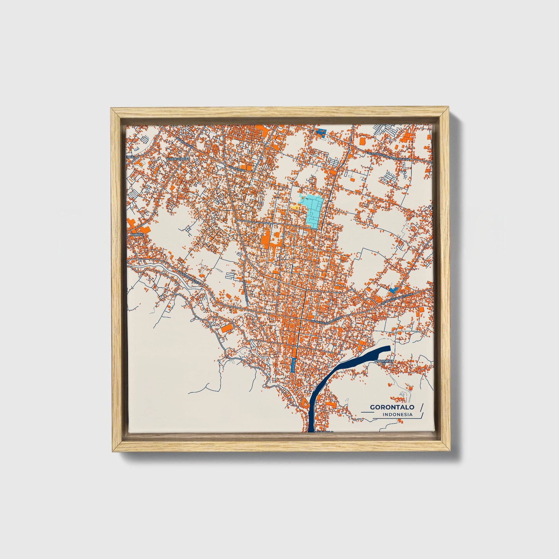 Gorontalo Indonesia Colorful City Map Canvas Print • Natural Wooden Framed