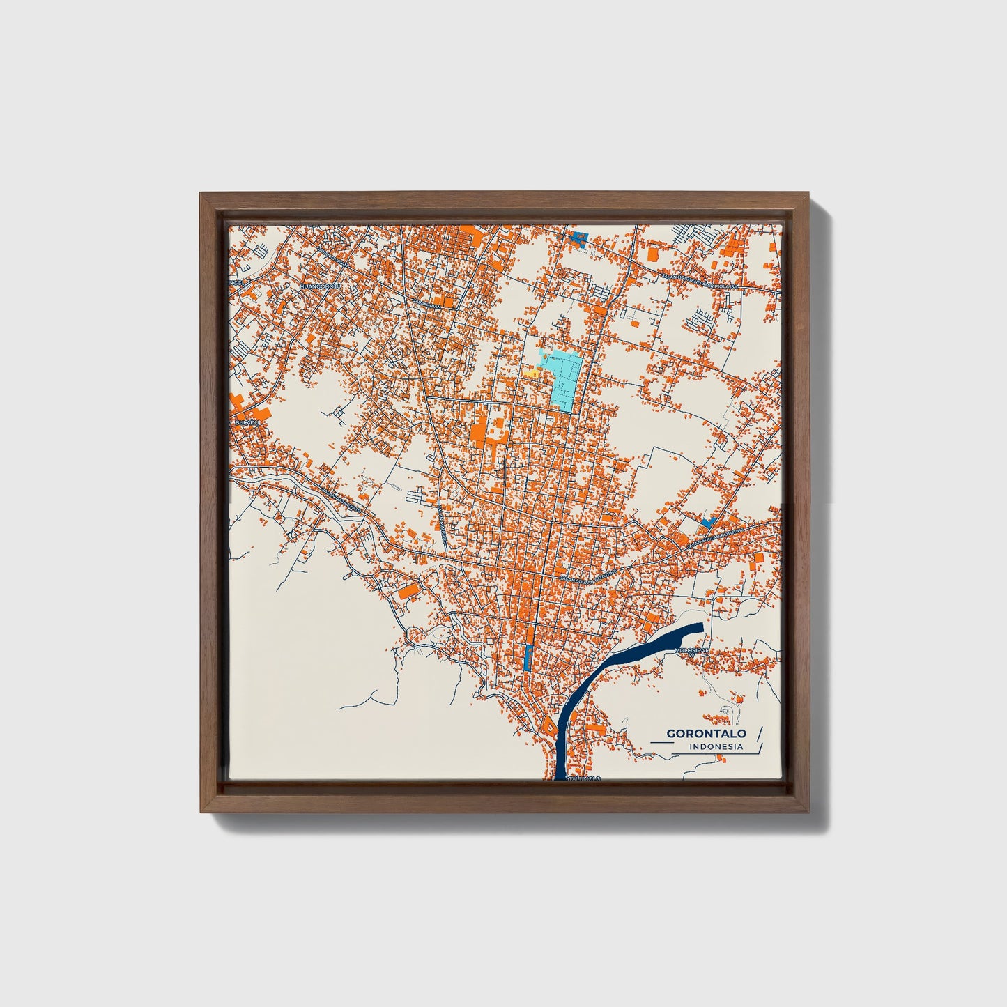 Gorontalo Indonesia Colorful City Map Canvas Print • Dark Wooden Framed