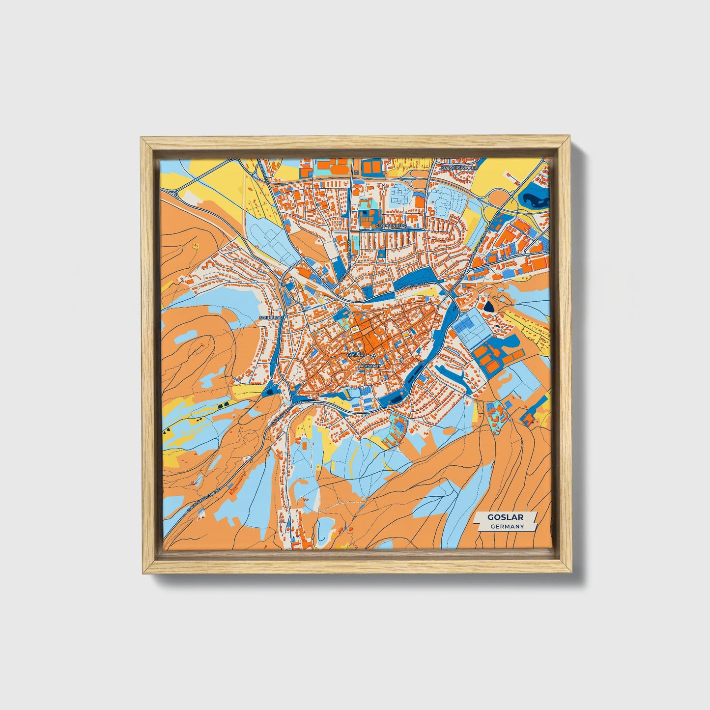 Goslar Germany Colorful City Map Canvas Print • Natural Wooden Framed