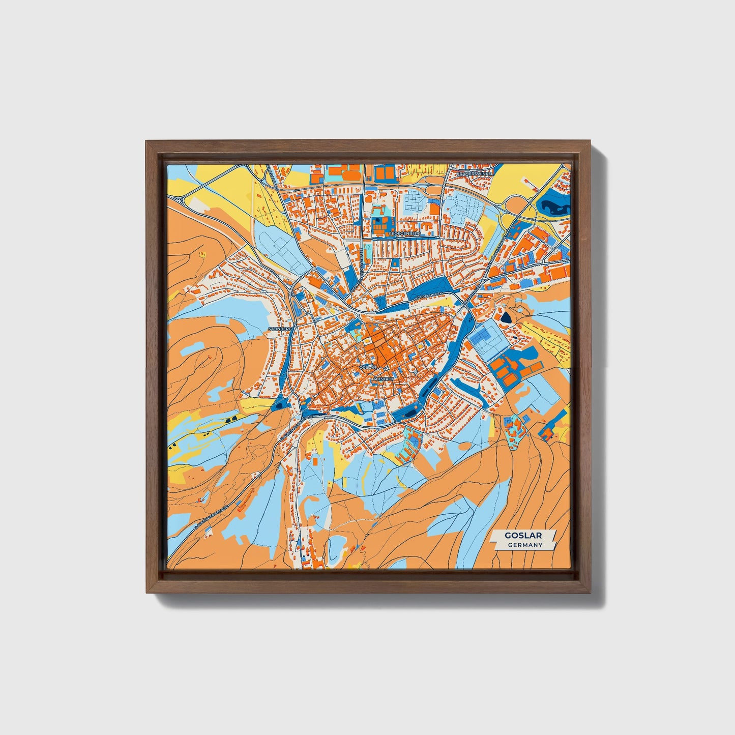 Goslar Germany Colorful City Map Canvas Print • Dark Wooden Framed