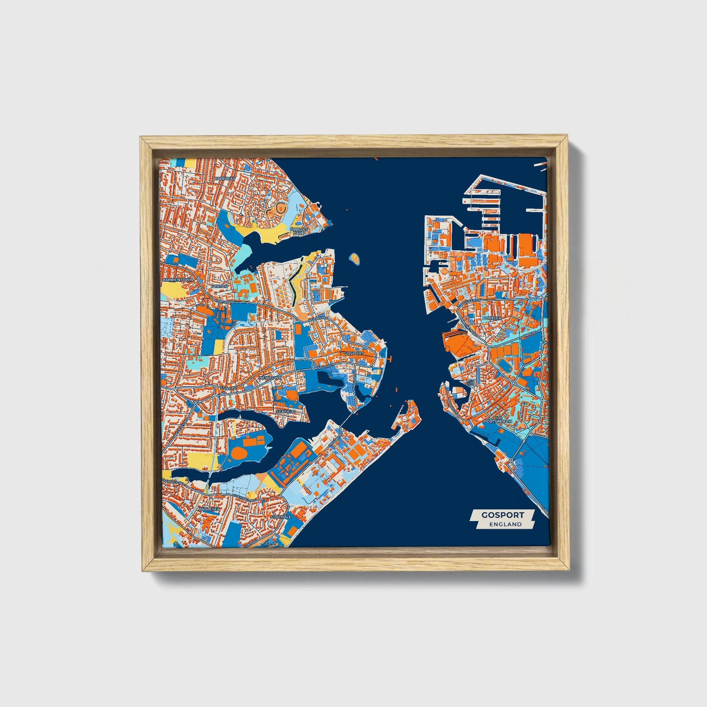 Gosport England Colorful City Map Canvas Print • Natural Wooden Framed