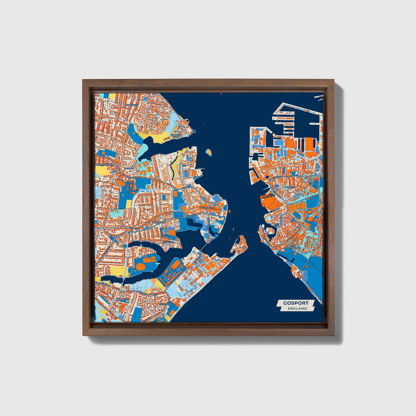 Gosport England Colorful City Map Canvas Print • Dark Wooden Framed