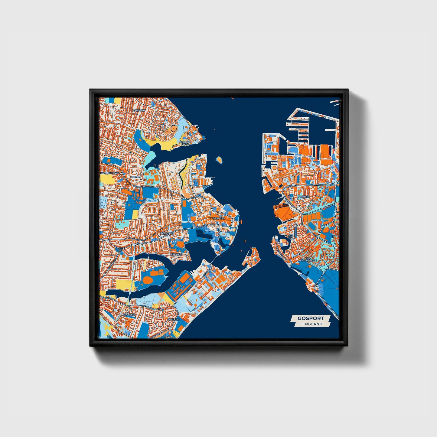 Gosport England Colorful City Map Canvas Print • Black Framed