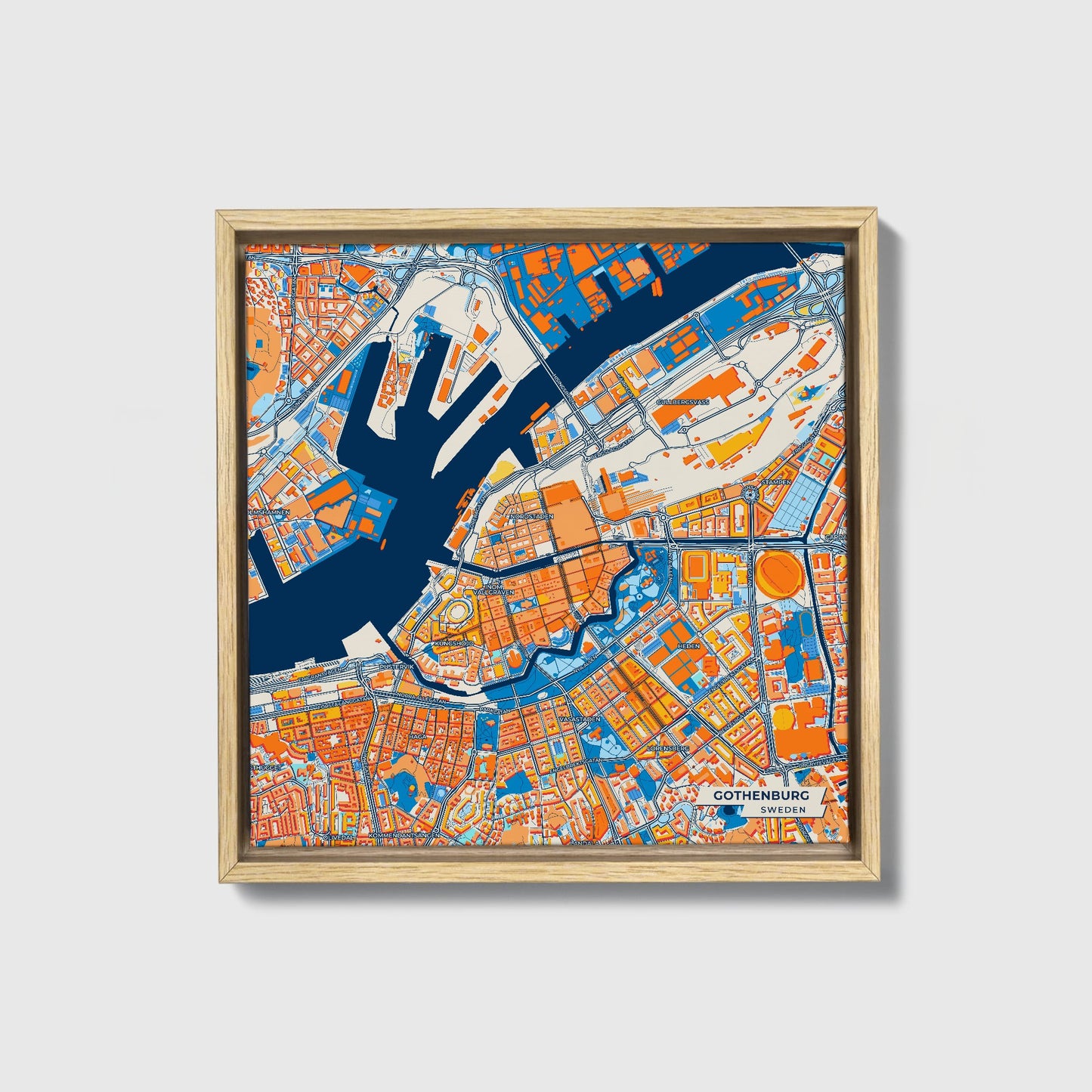 Göteborg Sweden Colorful City Map Canvas Print • Natural Wooden Framed