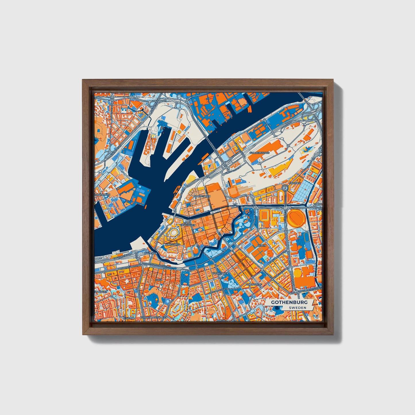 Göteborg Sweden Colorful City Map Canvas Print • Dark Wooden Framed