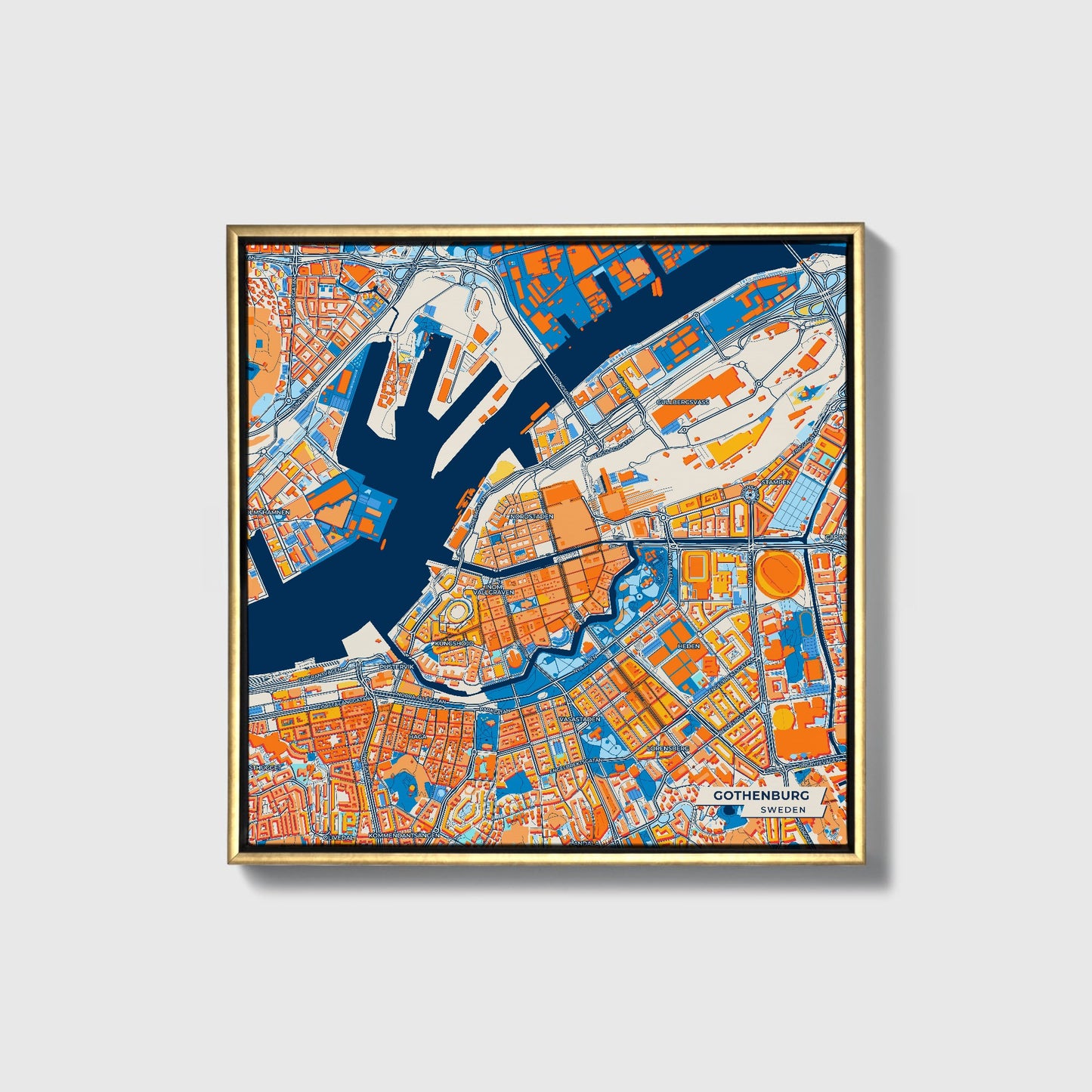Göteborg Sweden Colorful City Map Canvas Print • Gold Framed
