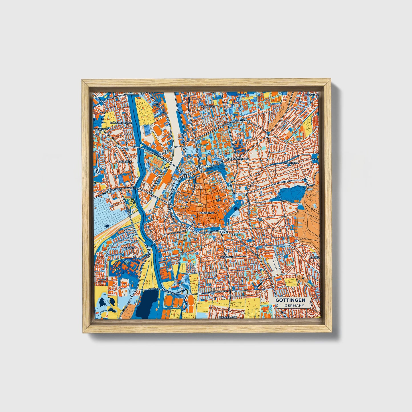 Göttingen Germany Colorful City Map Canvas Print • Natural Wooden Framed
