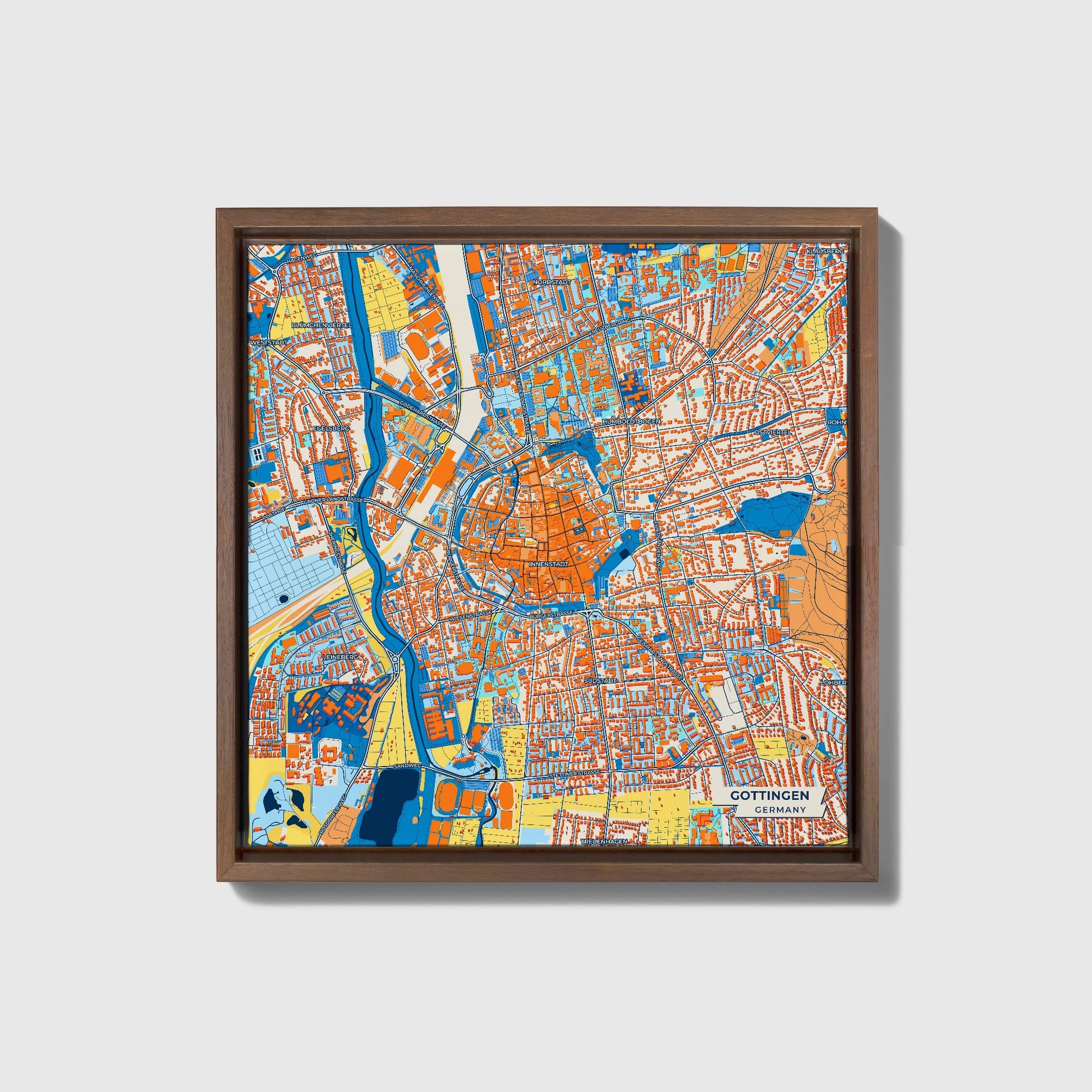 Göttingen Germany Colorful City Map Canvas Print • Dark Wooden Framed