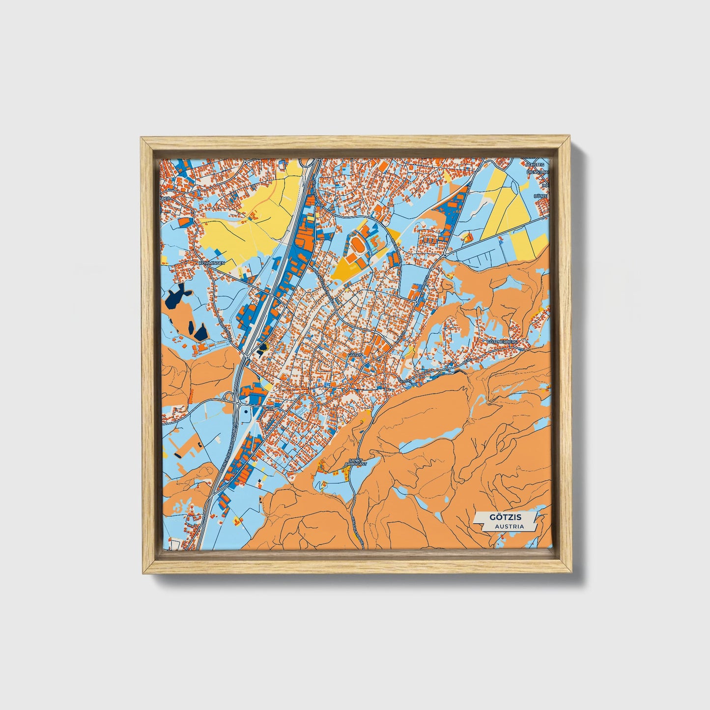 Götzis Austria Colorful City Map Canvas Print • Natural Wooden Framed