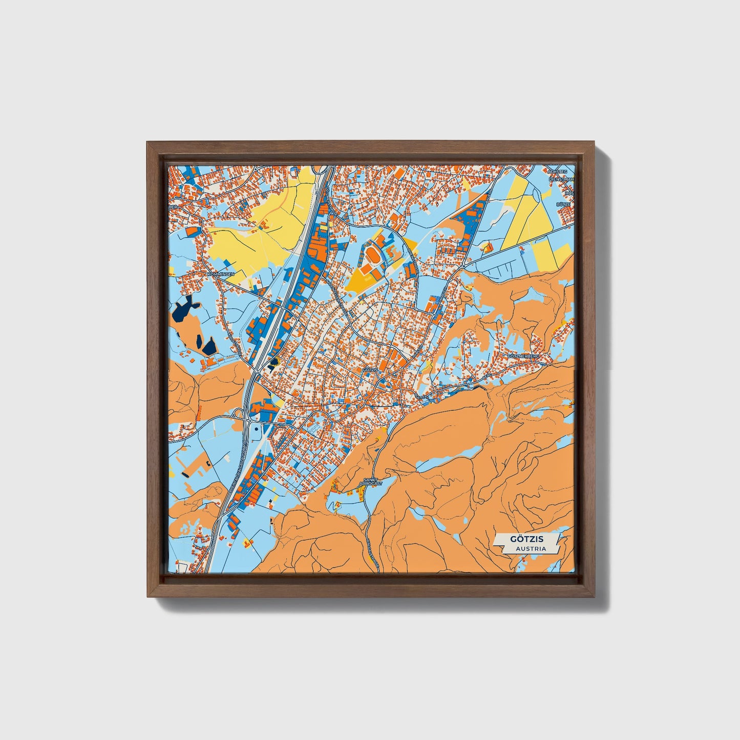 Götzis Austria Colorful City Map Canvas Print • Dark Wooden Framed