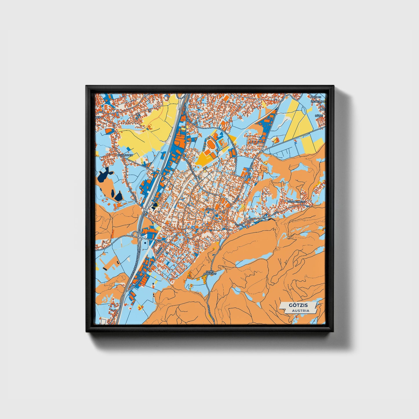 Götzis Austria Colorful City Map Canvas Print • Black Framed