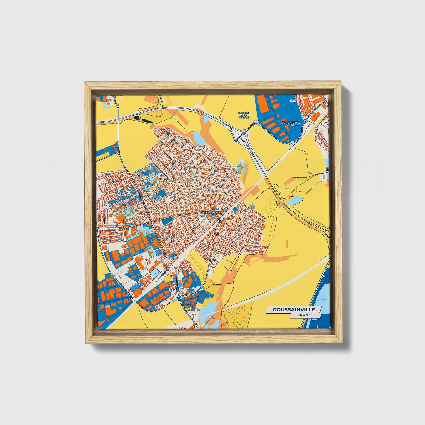 Goussainville France Colorful City Map Canvas Print • Natural Wooden Framed