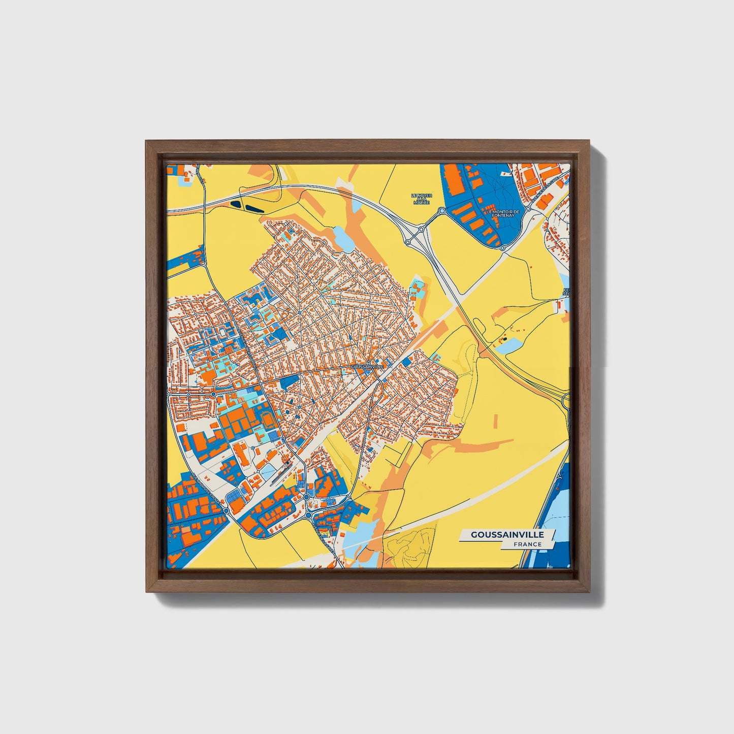 Goussainville France Colorful City Map Canvas Print • Dark Wooden Framed
