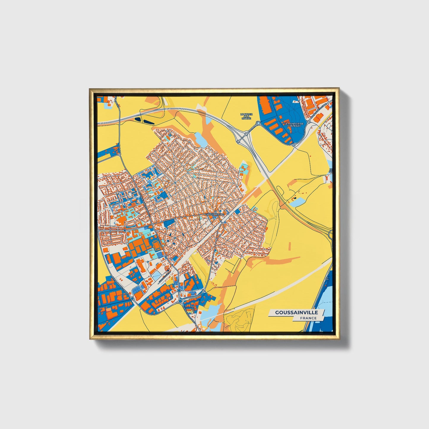 Goussainville France Colorful City Map Canvas Print • Gold Framed