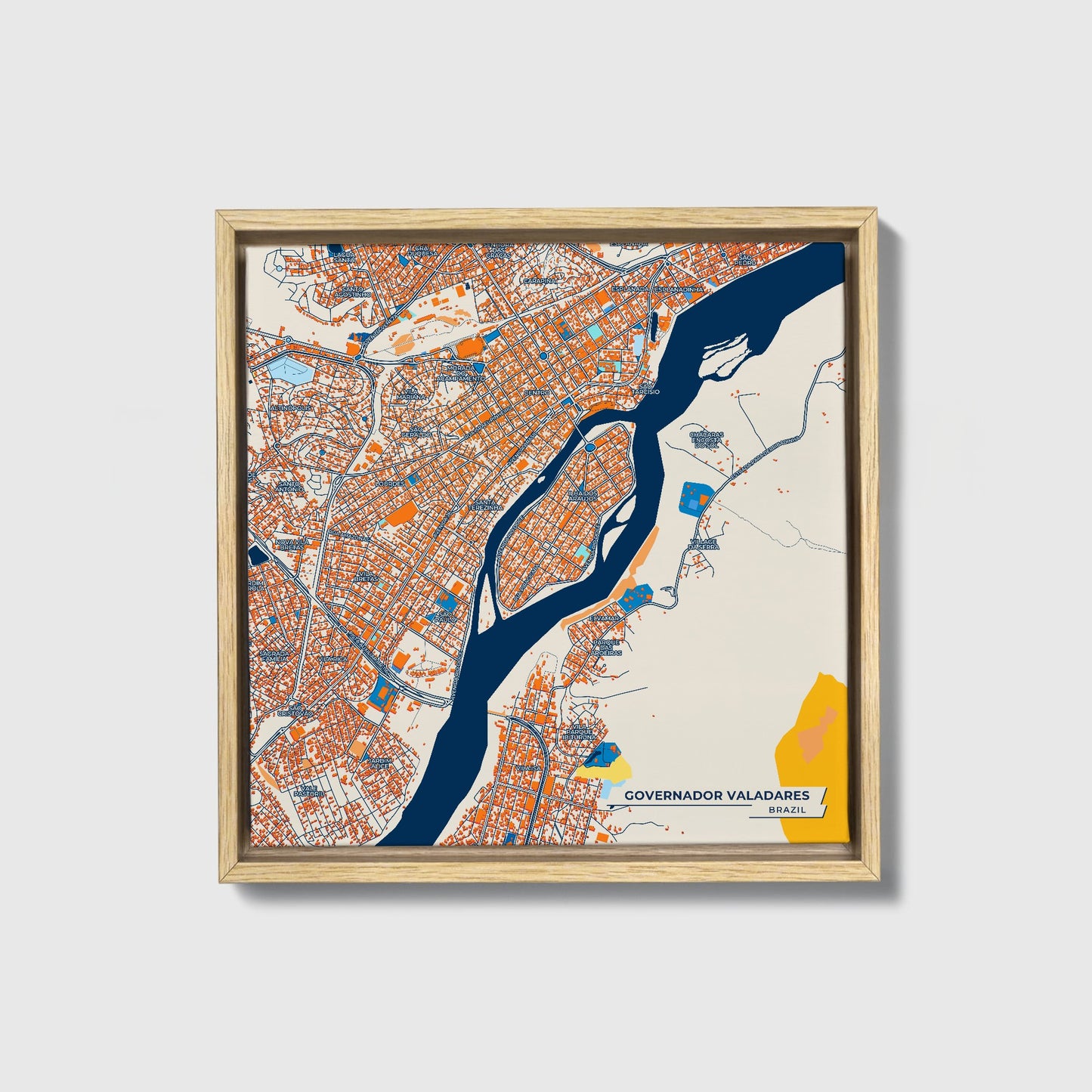 Governador Valadares Brazil Colorful City Map Canvas Print • Natural Wooden Framed