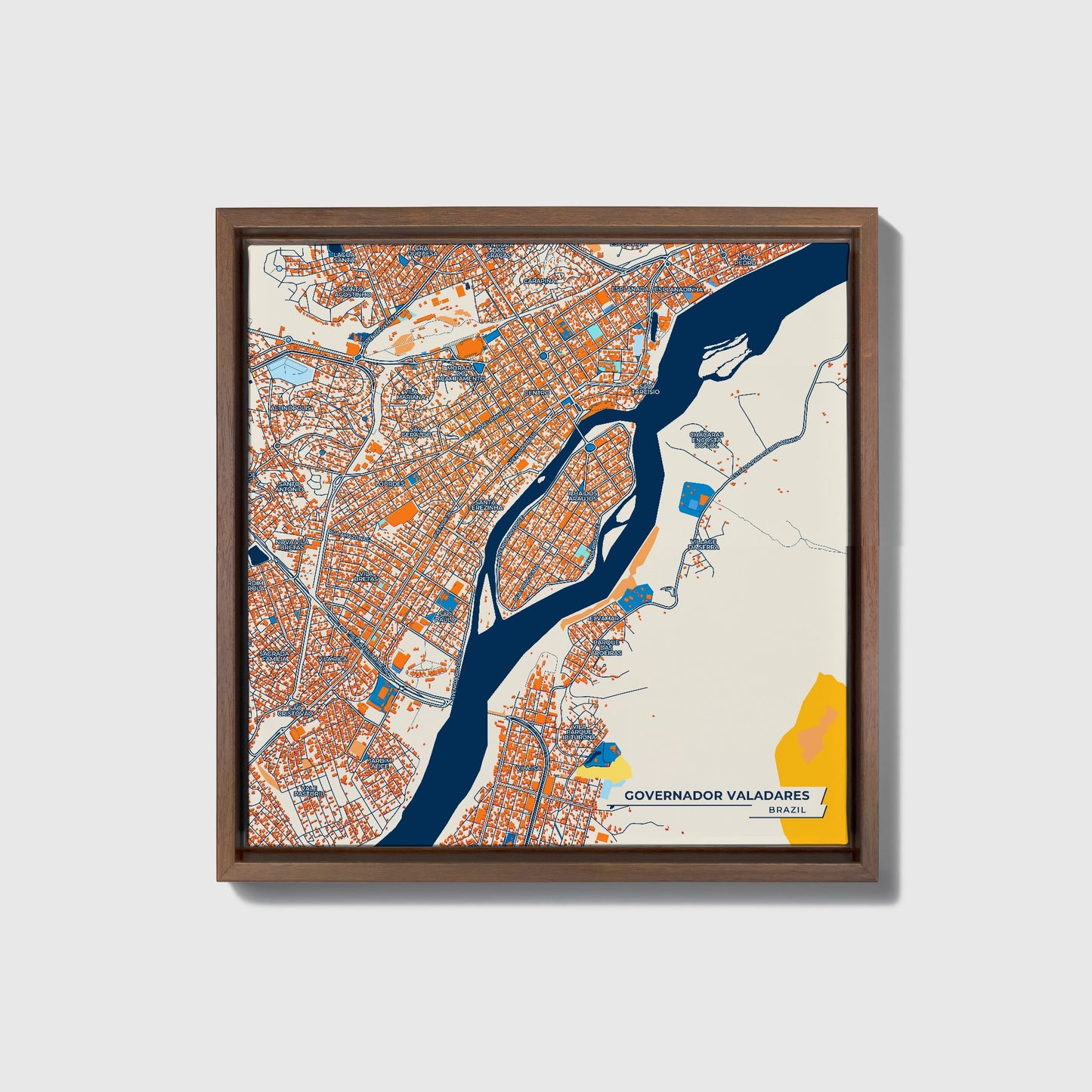 Governador Valadares Brazil Colorful City Map Canvas Print • Dark Wooden Framed