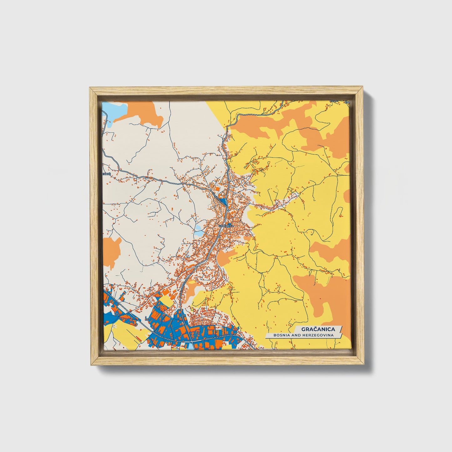 Gračanica Bosnia And Herzegovina Colorful City Map Canvas Print • Natural Wooden Framed