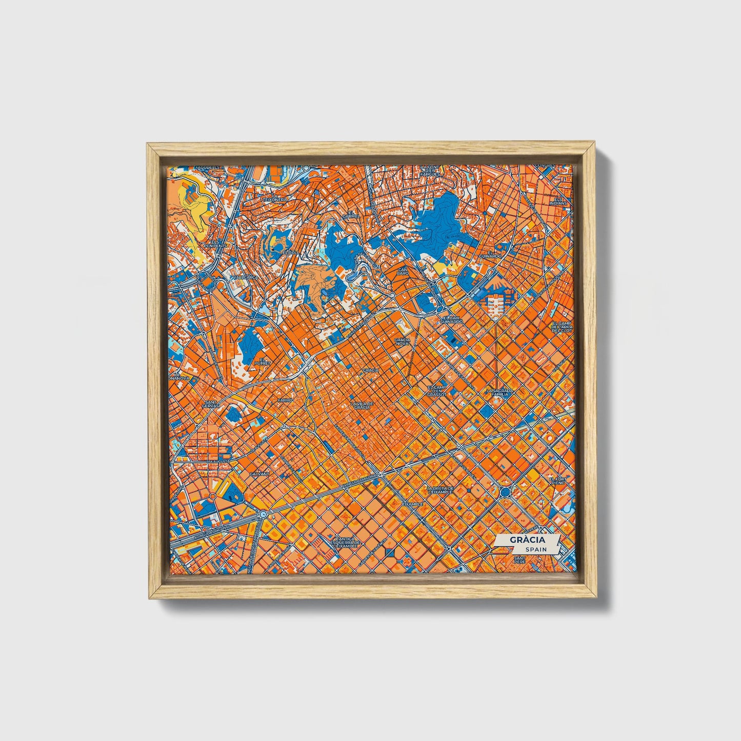 Gràcia Spain Colorful City Map Canvas Print • Natural Wooden Framed