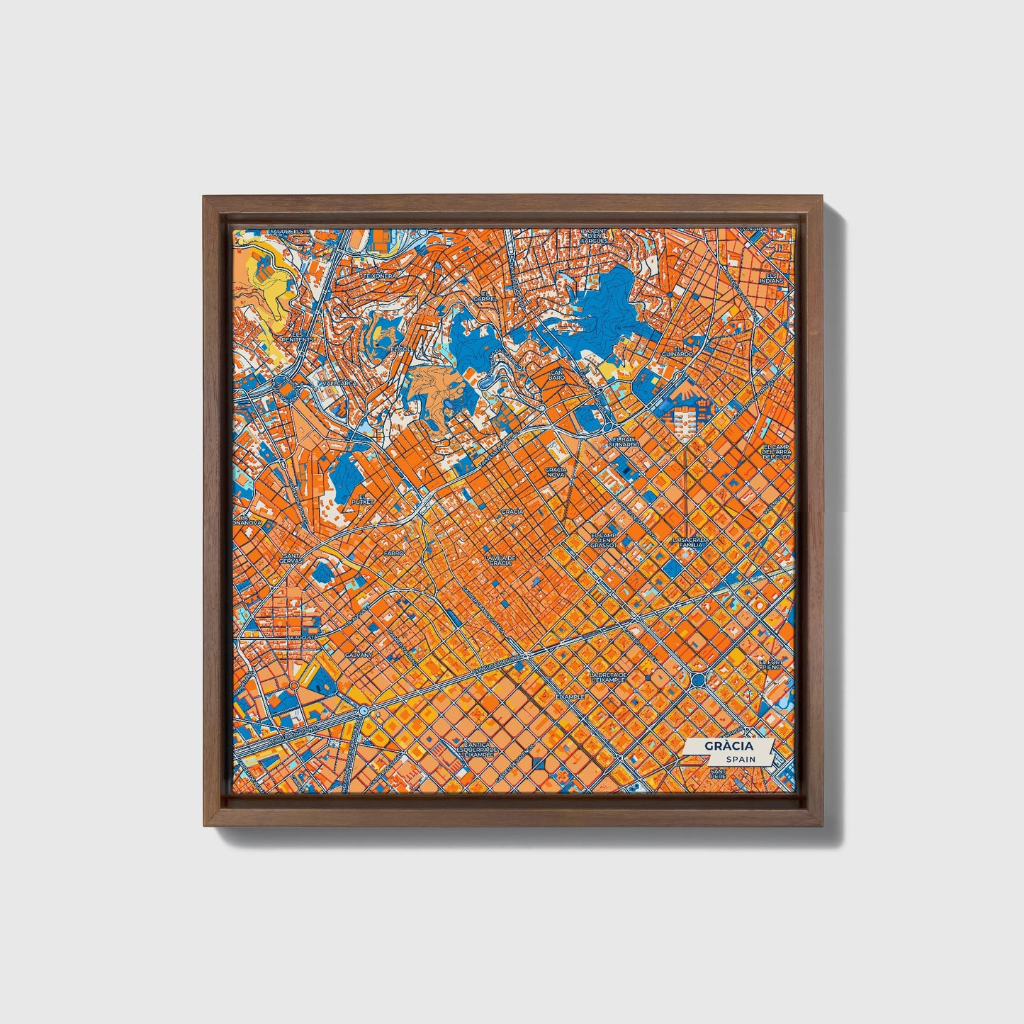 Gràcia Spain Colorful City Map Canvas Print • Dark Wooden Framed