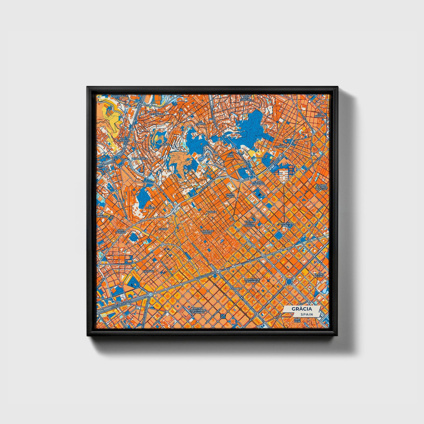 Gràcia Spain Colorful City Map Canvas Print • Black Framed
