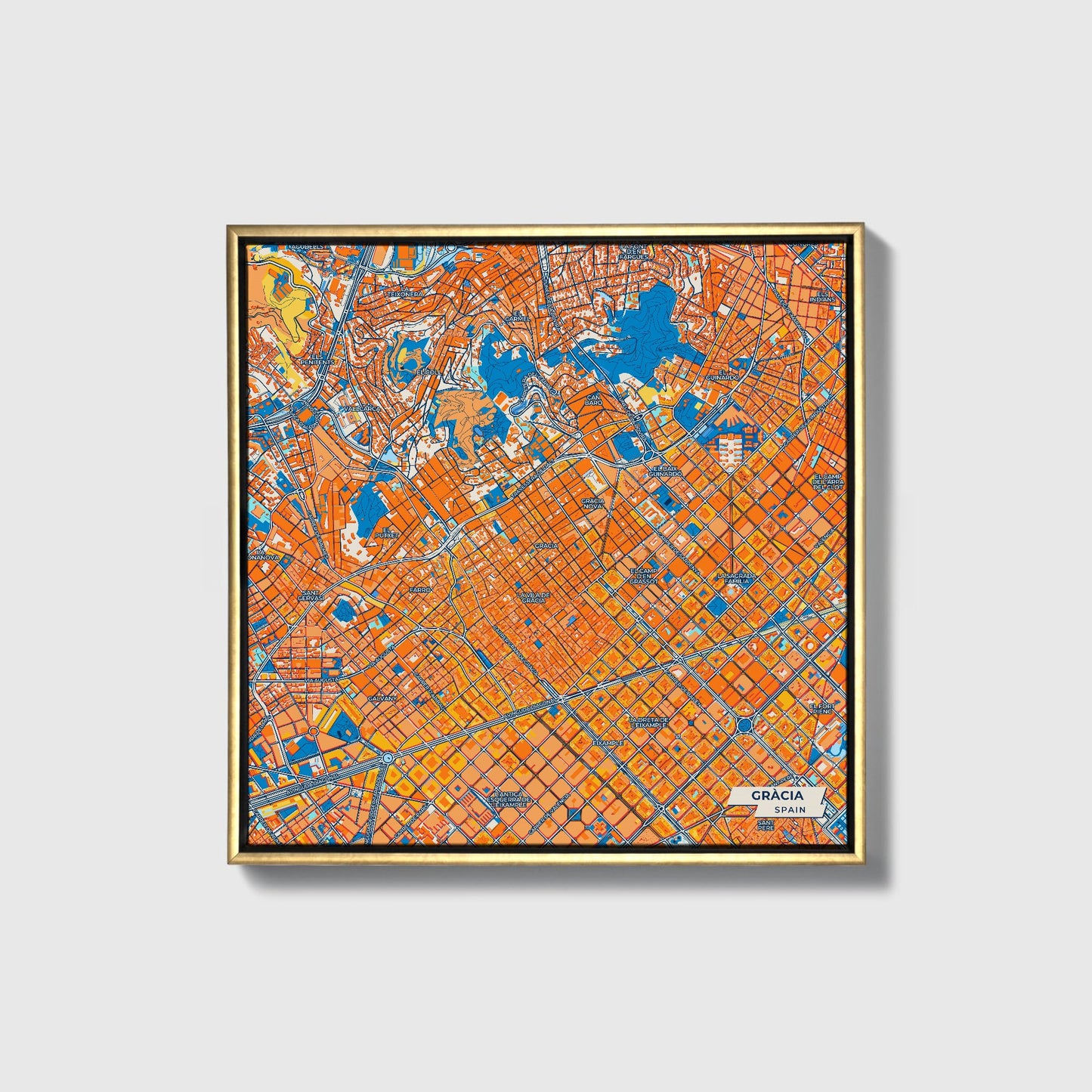 Gràcia Spain Colorful City Map Canvas Print • Gold Framed