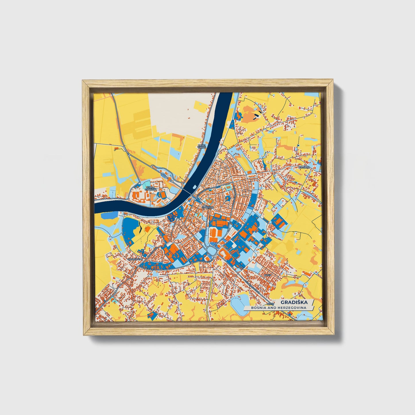 Gradiška Bosnia And Herzegovina Colorful City Map Canvas Print • Natural Wooden Framed