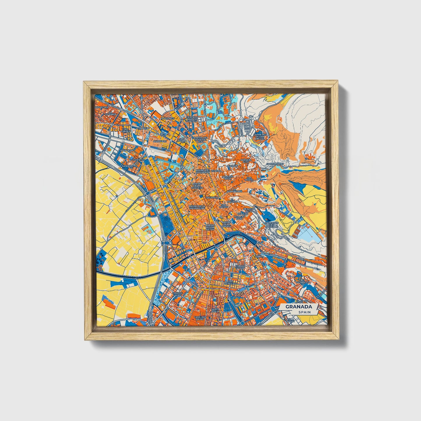Granada Spain Colorful City Map Canvas Print • Natural Wooden Framed