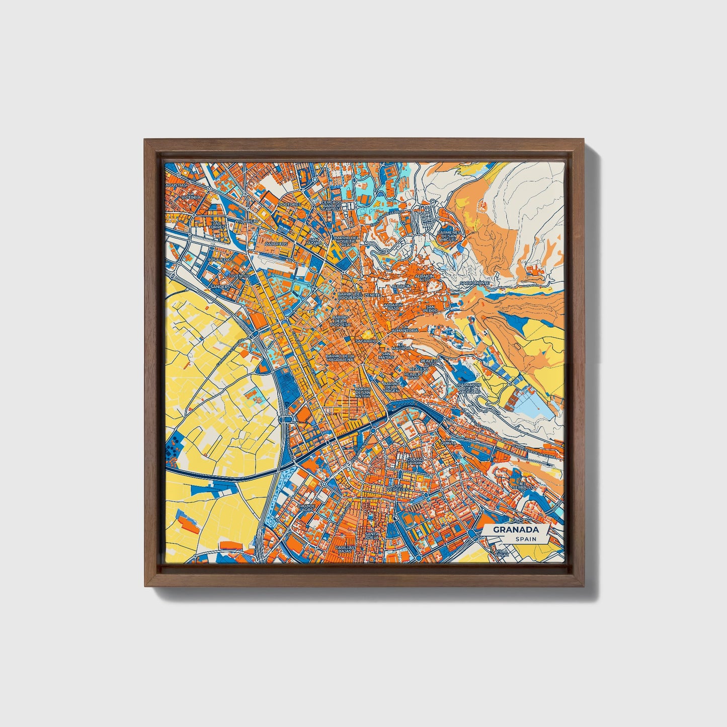 Granada Spain Colorful City Map Canvas Print • Dark Wooden Framed